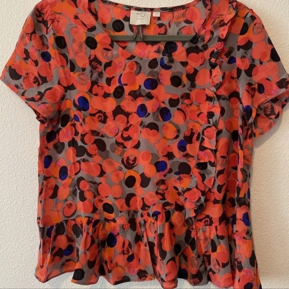 Anthropologie HD IN PARIS Silk Spotted Ruffle Flounce Peplum Short Sleeve - Picture 2 of 9